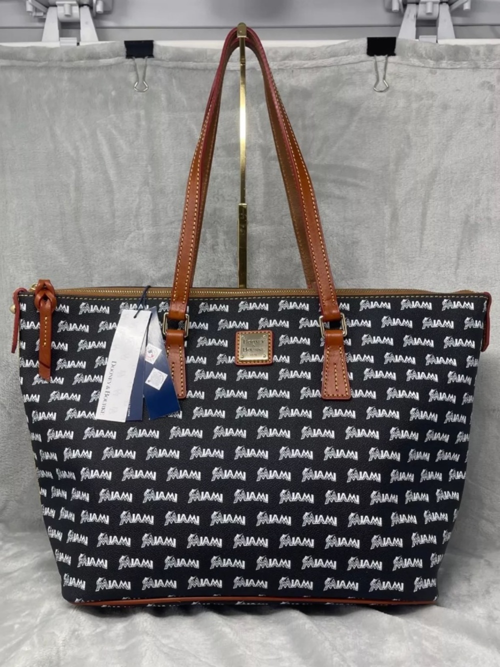 Dooney & Bourke Black Leather MLB Miami Marlins Zip Top Shopper Large Tote